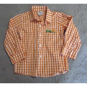 Smock Monkey Boys Fall shirt Orange gingham Tractor with pumpkins Sz 4T EUC